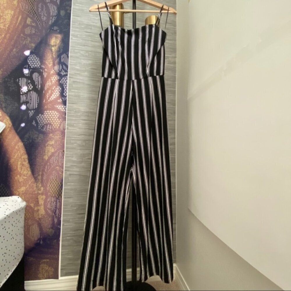 Ambiance Black & White Stripe Spaghetti Strap Long Pant Jumpsuit Romper sz Lrg - Picture 3 of 8